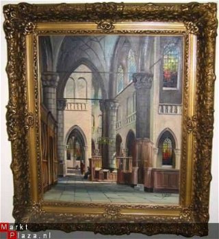 Groot olieverf schilderij kerkinterieur G.J.Dispo - 1