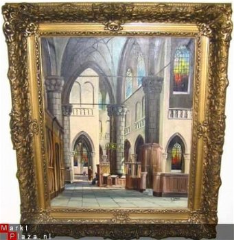 Groot olieverf schilderij kerkinterieur G.J.Dispo - 1