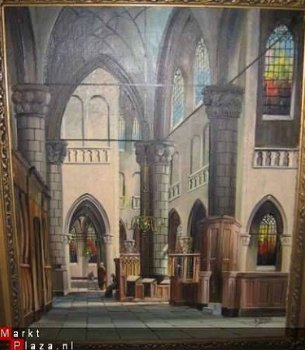 Groot olieverf schilderij kerkinterieur G.J.Dispo - 1