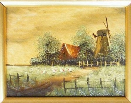 Mini olieverf schilderijtje met boerderijtafereel - 1