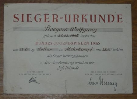 Oorkonde / Urkunde, Winnaar Mehrkampf / Meerkamp, Bundes-Jugendspielen Lollar, 1956. - 1