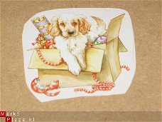 3D plaatjes -- HOND / SPANIEL in een DOOS VOL VERSIERING