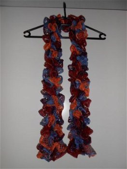 Mooie handgebreide sjaal paars blauw oranje bruin. Nieuw. - 1