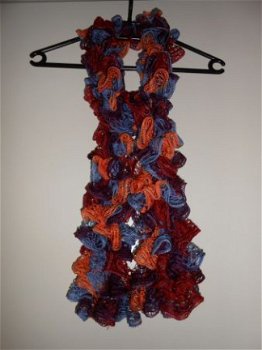 Mooie handgebreide sjaal paars blauw oranje bruin. Nieuw. - 1