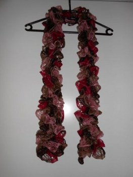 Mooie handgebreide sjaal roze cyclaam bruin. Nieuw. - 1