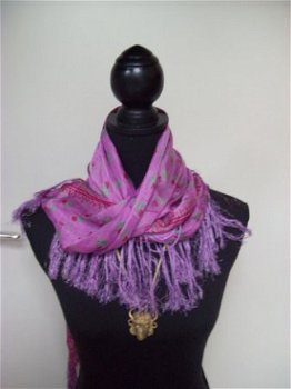 zijden sjaal ibiza hippiemarkt vintage paars bloemen franje hippie hippy boho silk pure - 1