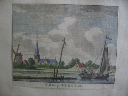 Antieke gravure - 't dorp Bergum (Friesland) - 1