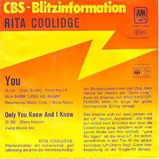 VINYLSINGLE * RITA COOLIDGE * YOU * GERMANY 7