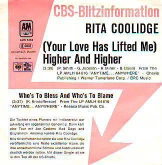 VINYLSINGLE * RITA COOLIDGE * HIGHER AND HIGHER * GERMANY - 1