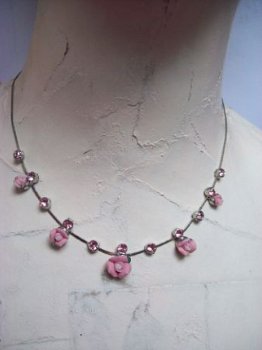 mooie vintage ketting rose roosjes met straas kristallen - 1