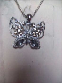 bolletjes ketting met strass kristal hanger vlinder zilver - 3