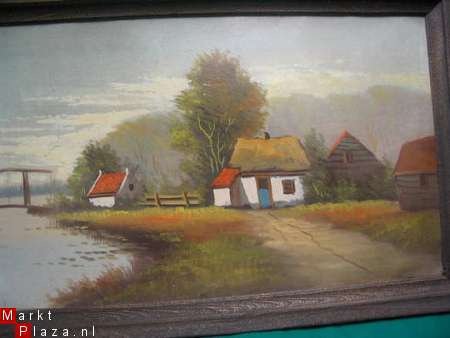 Schilderij olieverf op karton brug met huizen 87 x 50 cm . - 1