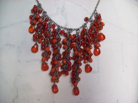 vintage ketting oranje rood kralen 60 tiger jaren oud zilver - 1