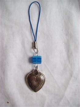 mobiel hanger blauw millefiori kraal zilver hart aan koord - 1