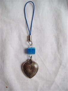 mobiel hanger blauw millefiori kraal zilver hart aan koord