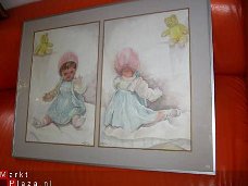 2 geaquarelleerde Poppen in lijst - Ellie Wessels geb. 1918