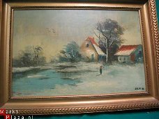 Schilderij olieverf op triplex 73 x 50 gesigneerd J.S.M. 41.