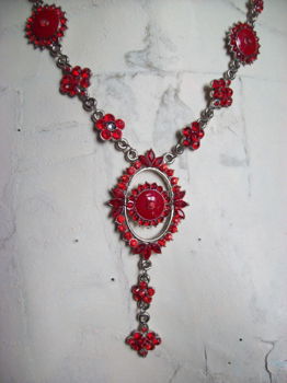 prachtige vintage ketting rood oud zilver rood strass kristal en emaile - 2