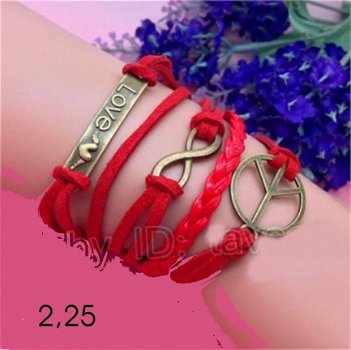 infinity ambandje 5-delig rood brons - love/peace -16 t/m 20cm - 1