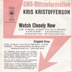 VINYLSINGLE * KRIS KRISTOFFERSON * WATCH CLOSELY NOW * GEMANY 7