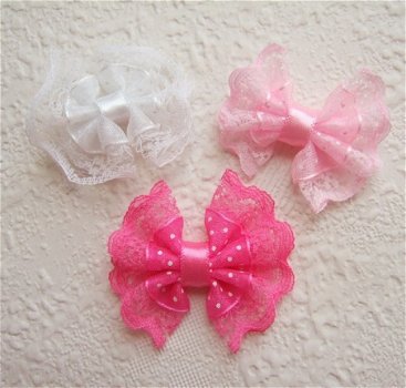 Schattige organza polkadots strik met kant ~ 4,5 cm ~ Wit - 2