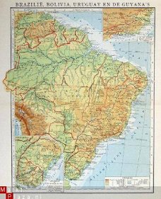 oud landkaartje Brazilie, Bolivia, Uruquay