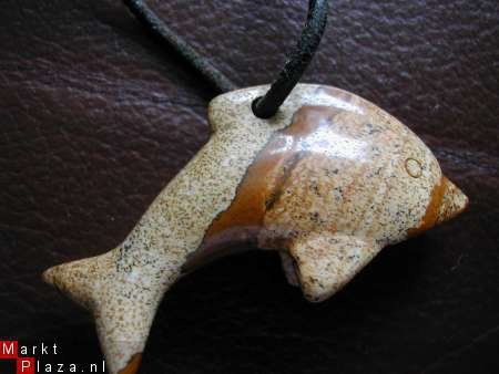 Halssnoer zwart leer met bruin stenen dolfijn 40 cm - 1