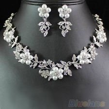 Stunning Chic Pearl Austrian Rhinestone Crystal Necklace Earrings Set Bridal BFA, €3.78