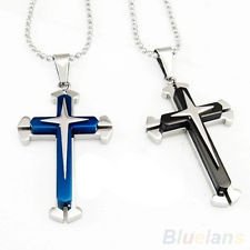 Blue Black Silver Stainless Steel Cross Pendant Mens Cristian Necklace Chain BF4, €2.83