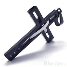 Mens Black Silver Stainless Steel Cross Pendant Necklace BF4U, €2.62