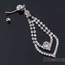 316L Surgical Steel Crystal Drop Dangle Barbell Navel Belly Ring Bar 3.5