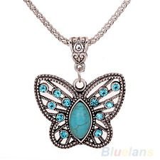 Turquoise Butterfly Hollow Crystal Inlay Pendant Tibetan Silver Necklace BF4U, €0.99