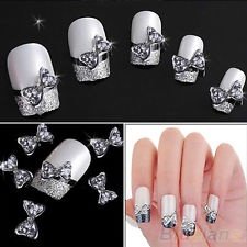 10X 3D New Arrival Nail Art Silver Alloy Bow Tie Bowtie Rhinestones Glitters DIY, €1.09