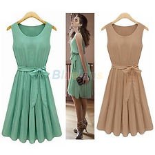 Green Women Chiffon Dresses Bow Band Sleeveless Slim Fit Skirt Dress BF1U, €8.88 - 1