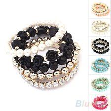 One Set Rose Flower Round Faux Pearl Crystal Elastic Pretty Bracelet Bangle BF3U, €2.05 - 1