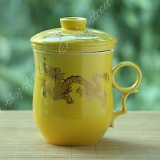 Golden Dragon Ceramic Yellow Porcelain Tea Mug Cup with lid Infuser Filter 270ml, €19.97 - 1