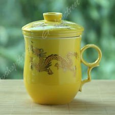 Golden Dragon Ceramic Yellow Porcelain Tea Mug Cup with lid Infuser Filter 270ml, €19.97