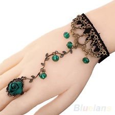 Black Lace Metal Chain Bangle Green Crystal Flower Bracelet Ring Set BF8U, €1.54