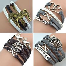 Women Multicolor Infinity Owl Charm Bracelet Multilayer Leather Cuff Bangle BF2U, €1.18 - 1