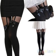 New Vintage Sexy Stockings Pantyhose Tattoo Mock Bow Suspender Sheer Tights BF4U, €2.95 - 1