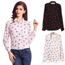 Collared Chiffon OL Shirt Blouse Womens Kiss Print Long Sleeve Tops T-Shirt BF2U, €5.57 - 1