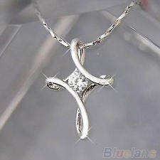 Chic Silver White Plated Crystal Rhinestone Infinity Cross Necklace Pendant BF4U, €1.42 - 1