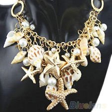 Cute Chunky Gold Tone Sea Shell Starfish Faux Pearl Bib Statement Necklace BF7U, €3.19