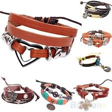 Retro Multilayer Leather Wrap Charms Bracelet Womens Mens Cuff Chain Bangle BF2U, €1.10 - 1