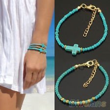 Womens Unique Turquoise Cross Bracelet Girls Copper Beads Hand Chain Charm BF2U, €0.99