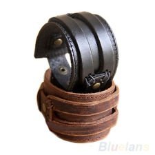 Cool Men Retro Cuff Bangle Genuine Leather Buckle Punk Wristband Bracelet BF9U, €2.88