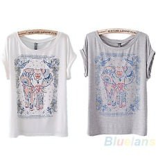 Womens Fashion Short Sleeve Elephant Printed Vintage Girl Crewneck T-Shirt BF5U, €7.05 - 1