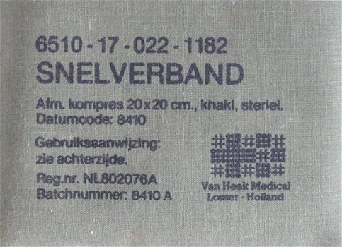 Verband Pakje, Snelverband, 20x20cm, Koninklijke Landmacht, 1984.(Nr.1) - 1