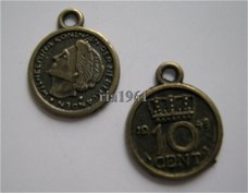 bedeltje/charm munten:muntje wilhelmina brons- 19x15 mm
