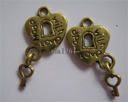 bedeltje/charm sleutel:slotje+sleutel goud - 23 x 12 mm - 1